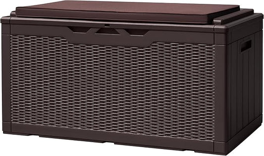 Devoko 100 Gallon Deck Box, Waterproof Resin Outdoor Storage Box with Cushion for Outside and Patio, Large Outdoor Storage Bench Cabinet Lockable for Patio Furniture and Garden Tools (Deep Brown)-VerdiqueGarden
