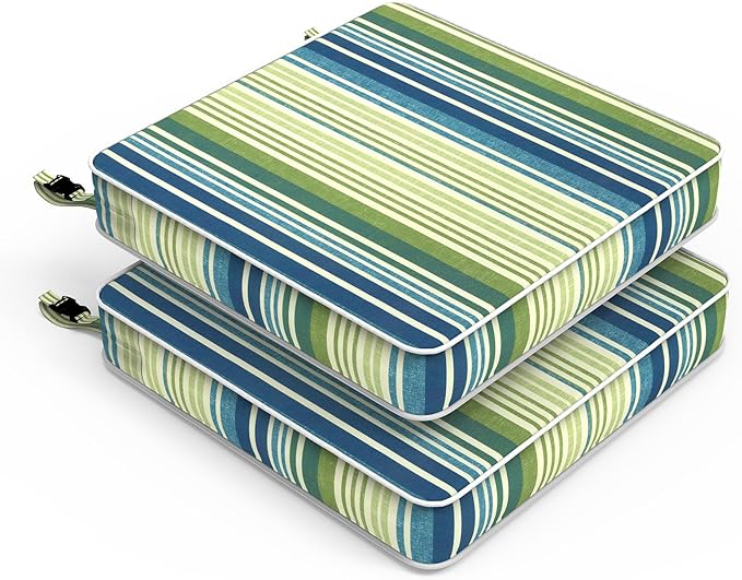 LVTXIII Patio Chair Cushions 22"x22"x3", Water-Repellent Outdoor Seat Cushions for Patio Furniture, Square Chair Pads with Ties for Home Garden Decoration, Set of 2, Stripe Blue Green-VerdiqueGarden