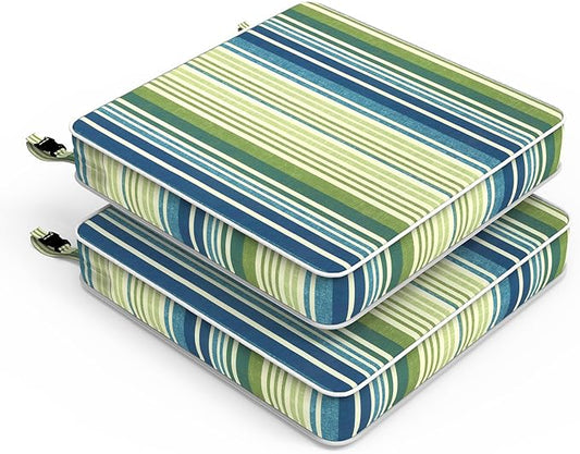 LVTXIII Patio Chair Cushions 22"x22"x3", Water-Repellent Outdoor Seat Cushions for Patio Furniture, Square Chair Pads with Ties for Home Garden Decoration, Set of 2, Stripe Blue Green-VerdiqueGarden