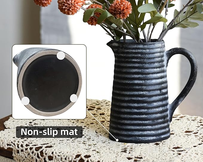 Quoowiit Ceramic Rustic Vase with Handle, Black Distressed Decorative Farmhouse Pitcher Vase for Home Decor Living Room Bedroom Kitchen Office Shelf Decor Centerpiece Table Decoration-VerdiqueGarden