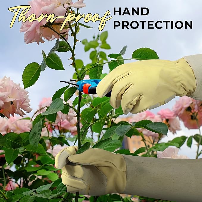HANDLANDY Rose Pruning Gardening Gloves for Men Women, Thorn Proof Forearm Protection Leather Garden Gloves, Gardening Gifts for Gardeners (Beige- Goatskin, X-Large (Pack of 1))-VerdiqueGarden