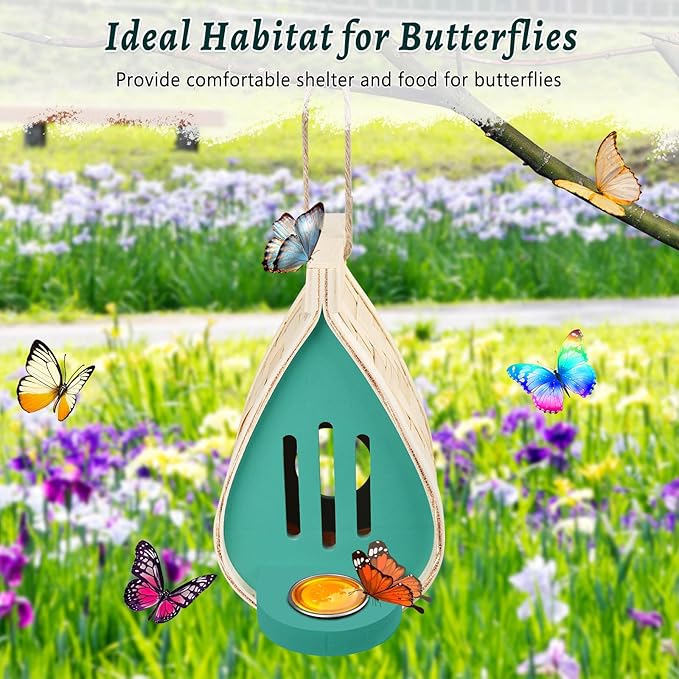 2 Pcs Butterfly House and Feeder, Wooden Hanging Butterfly House for Garden, Natural Butterfly Habitat with Butterfly Puddler for Bugs, Butterflies, Moths, Lacewings-VerdiqueGarden