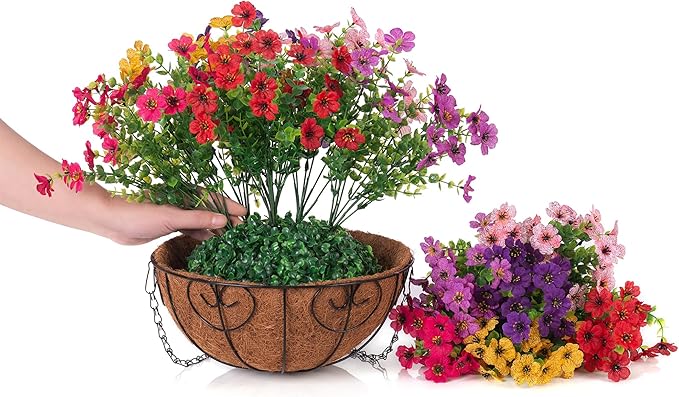 Artificial Fake Hanging Plants Flowers with Basket Outdoor Decor Faux Silk Dasiy Flower Arrangements in Pot Planter for Porch Home Indoor Patio Garden Yard Decoration-VerdiqueGarden