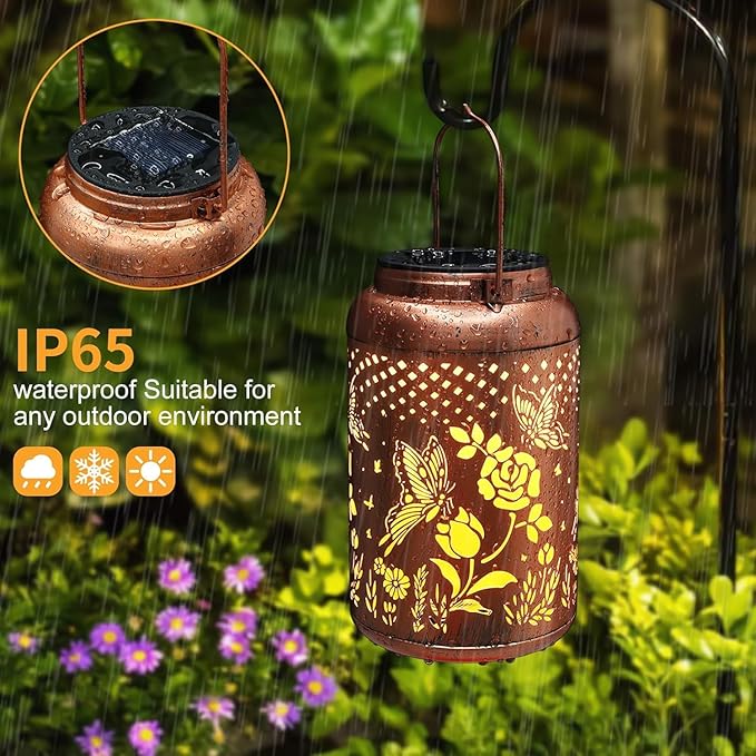 2 Pack Solar Lanterns Outdoor Waterproof, Butterfly Rose Garden Decor Birthday Gifts for Women Mom Grandma Hanging Solar Lights Metal Solar Decoration Outside for Yard, Patio, Lawn, Pathway-VerdiqueGarden