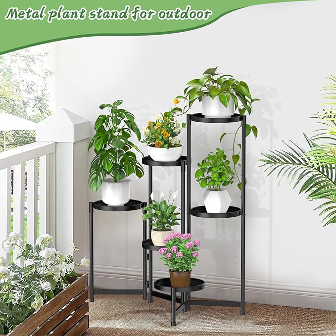 MOKANI Metal Plant Stand Indoor Outdoor for Multiple Plants, 6 Tiered Folding Corner Shelf Tall Flower Pot Holder Display Rack for Patio Living Room Balcony Garden, Black-VerdiqueGarden