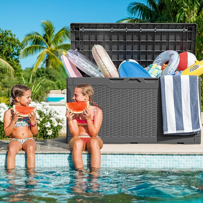 Greesum 100 Gallon Resin Deck Box Large Outdoor Storage with Cushions for Patio Furniture, Garden Tools, Pool Supplies, Weatherproof and UV Resistant, Lockable,Gray-VerdiqueGarden