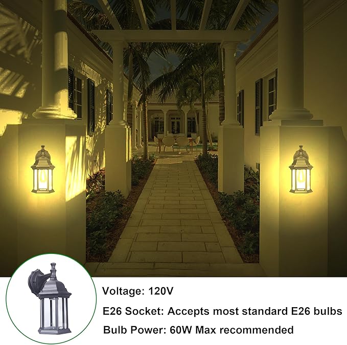 LIT-PaTH Outdoor Wall Lantern, Wall Sconce as Porch Lighting Fixture, E26 Medium Base Max 60W, Aluminum Housing Plus Glass, Matte Black Finish, 1-Pack-VerdiqueGarden