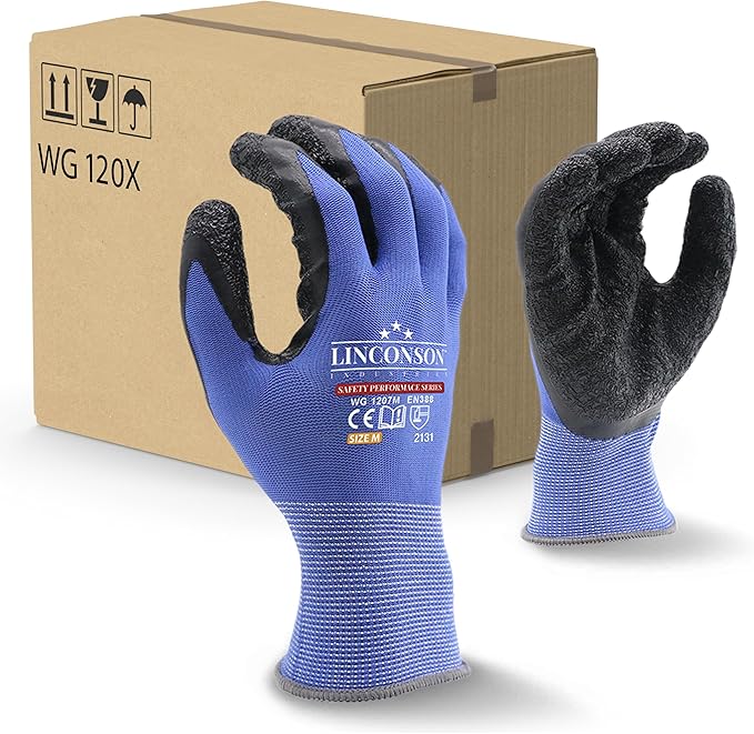 linconson 12 Pack Safety Performance Series Construction Mechanics Wrinkle Latex Work Gloves-VerdiqueGarden