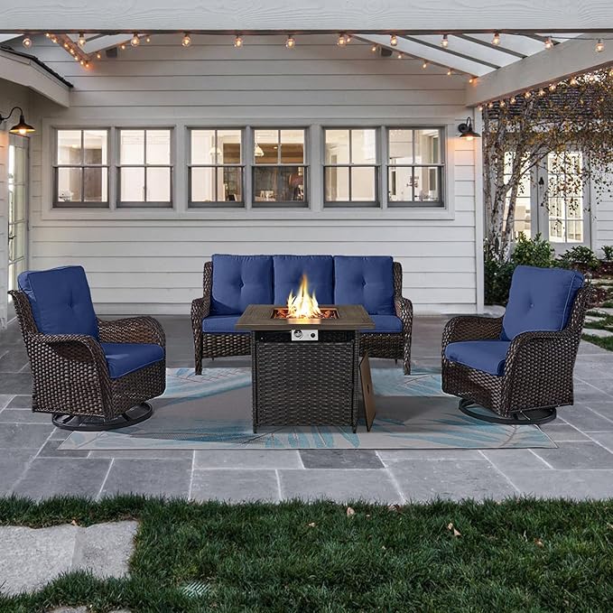 Outdoor Patio Furniture Set with 50000BTU Propane Fire Pit Table, 4 Pieces Wicker Patio Conversation Set with 2 Swivel Rocker Glider Chairs Rattan Sofa Blue Cushion Perfect for Gathering-VerdiqueGarden