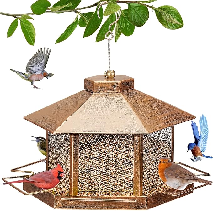 Metal Bird Feeder for Outdoor Hanging, 4.6LB Large Capacity, Garden Decoration - Attracts Wild Birds, Durable Outdoor Bird Feeding Station for Garden Yard Outside Backyard (Extra Large Gold)-VerdiqueGarden
