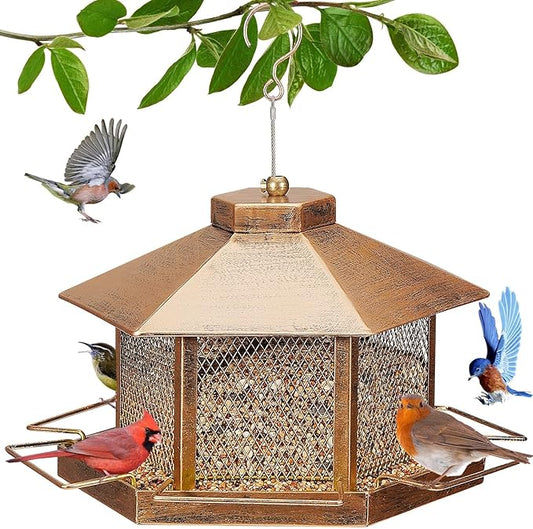 Metal Bird Feeder for Outdoor Hanging, 4.6LB Large Capacity, Garden Decoration - Attracts Wild Birds, Durable Outdoor Bird Feeding Station for Garden Yard Outside Backyard (Extra Large Gold)-VerdiqueGarden