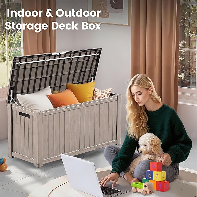 120 Outdoor Storage Box, Waterproof Resin Deck Box for Indoor & Outdoor Use, Lockable Storage Bench with Piston Hinge, Storage Bin for Patio Cushions, Garden Tools, Package Delivery, Grey-VerdiqueGarden