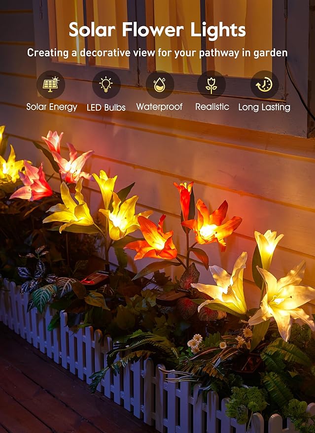 Brightown Solar Lights Outdoor, 4 Pack Solar Garden Lights with Larger & More Realistic Lily Flowers, Waterproof Outdoor Solar Lights for Yard Patio Lawn Pot Decoration-VerdiqueGarden