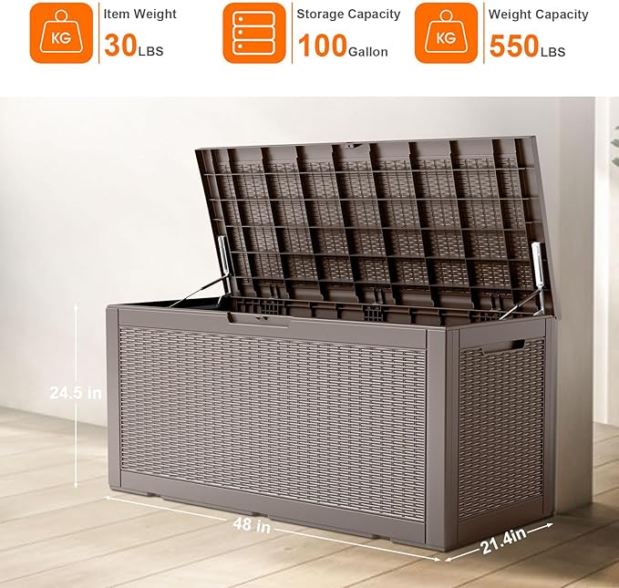 100 Gallon Resin Deck Box, Lockable Patio Outdoor Storage Box for Furniture, Garden Tools and Tools Storage, Waterproof Outside Storage Boxes - Grey-VerdiqueGarden
