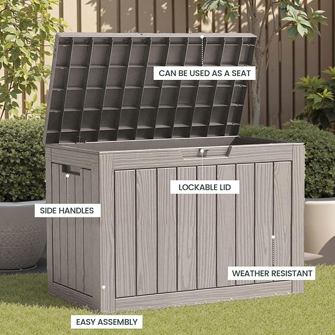 45 Outdoor Storage Box, Waterproof Resin Deck Box with Side Handles, Lockable Outdoor Bench for Indoor & Outdoor Use, Storage Bin for Patio Cushions, Garden Tools, Package Delivery, Grey-VerdiqueGarden