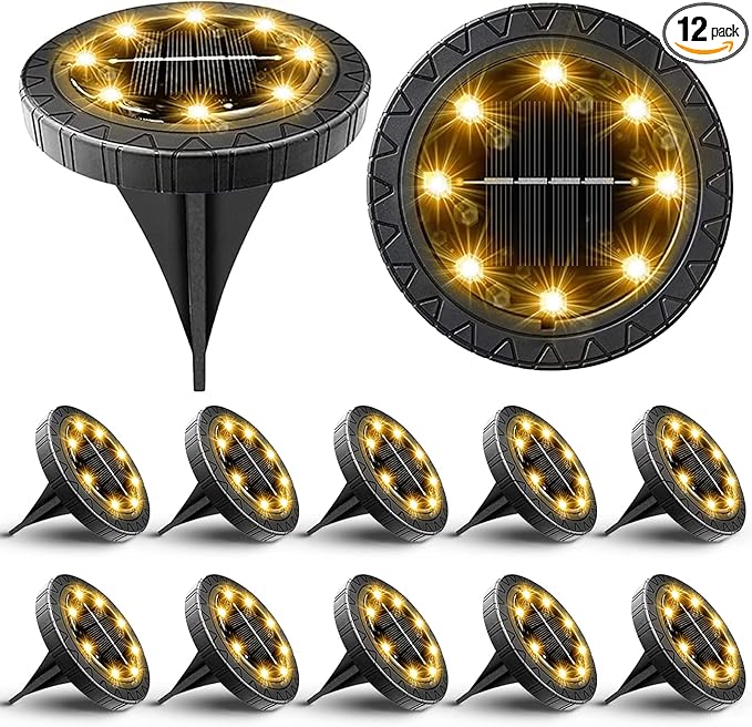 Solar Powered Ground lights 12 Pack,Waterproof LED Solar Lights Outdoor Solar Disk Lights Decorative,Solar Garden Lights for Landscape Pathway Patio Yard Walkway Path Lawn Driveway Lighting Warm White-VerdiqueGarden