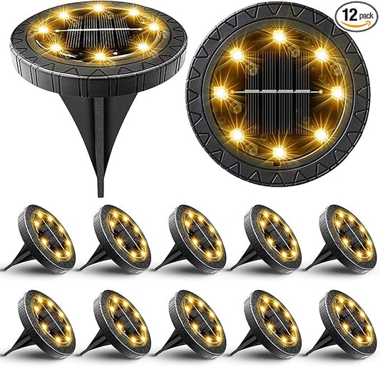 Solar Powered Ground lights 12 Pack,Waterproof LED Solar Lights Outdoor Solar Disk Lights Decorative,Solar Garden Lights for Landscape Pathway Patio Yard Walkway Path Lawn Driveway Lighting Warm White-VerdiqueGarden