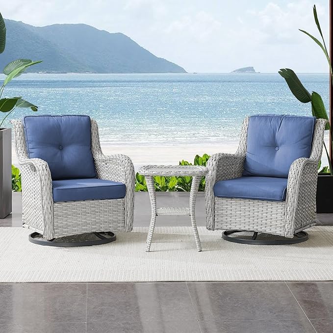 Outdoor Swivel Rocker Patio Chairs Set of 3,High Back Swivel Patio Chairs Wicker Furniture Set,2 PCS Rattan Swivel Rocking Chair with Side Table,Light Grey Wicker (A089-2)-VerdiqueGarden
