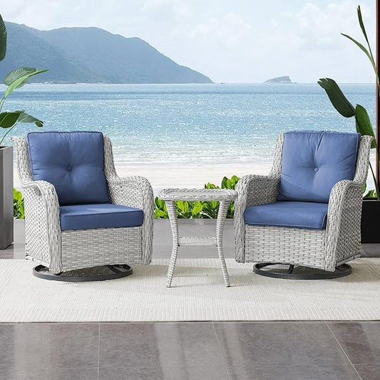 Outdoor Swivel Rocker Patio Chairs Set of 3,High Back Swivel Patio Chairs Wicker Furniture Set,2 PCS Rattan Swivel Rocking Chair with Side Table,Light Grey Wicker (A089-2)-VerdiqueGarden