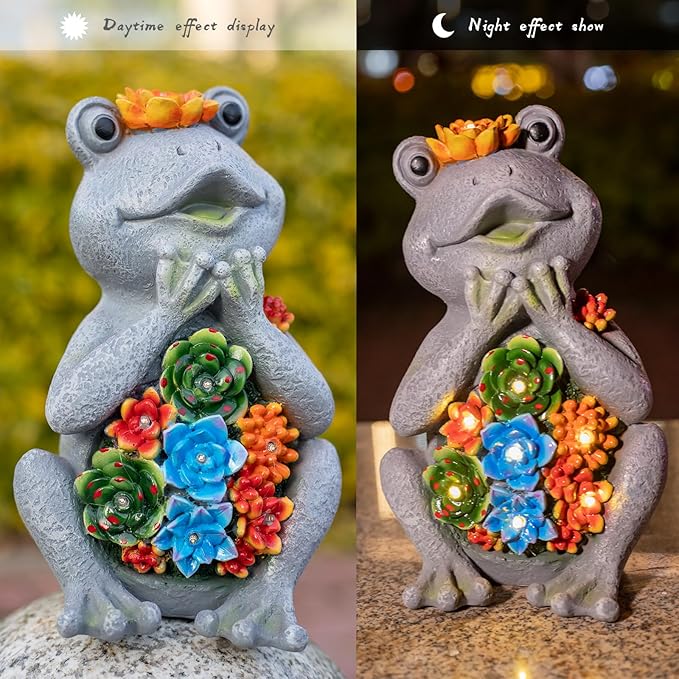 Frog Solar Figurine Light Statue Outdoor Gardening Gifts Decoration Garden Frogs Yard Decor Lamp With 8 Led Lights And Succulent Waterproof Patio Lawn Decor Housewarming Frog Gifts For Women-VerdiqueGarden