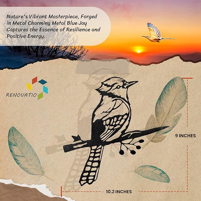 Renovatio Metal Bird Decor – Rustic Bluejay Decoration, Metal Garden Sculpture, Outdoor Tree Ornaments – A Unique Outdoor Yard Decor – Bluejay (Black)-VerdiqueGarden