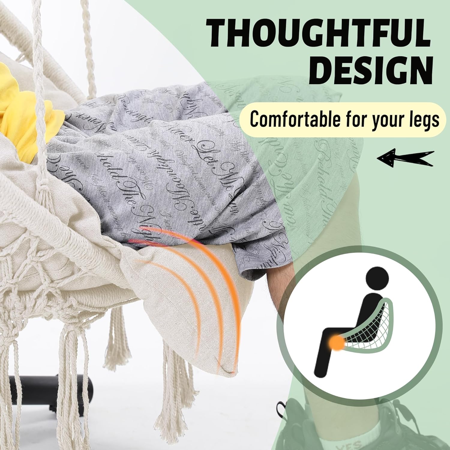 Macrame Hammock Hanging Swinging Chair with Oversized Cushion, Perfect for Bedroom, Porch, Kids, Adults, Balcony, Beige-VerdiqueGarden