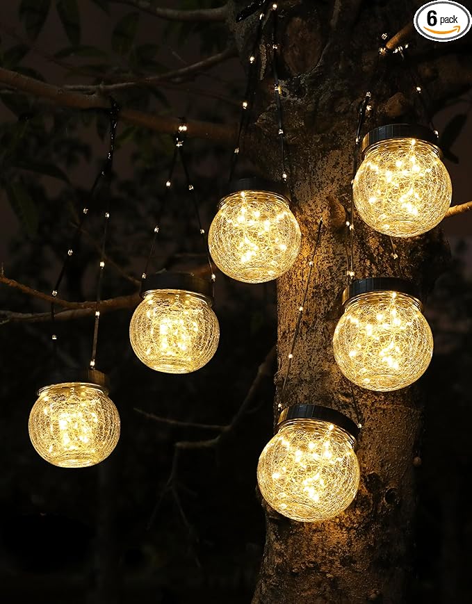 Solar Lanterns Solar Lights Outdoor Waterproof 6-Pack, Solar Powered Hanging Lights Cracked Glass Hanging Globes for Christmas Decoration, Shepherd Hook, Garden Tree Ornaments-VerdiqueGarden