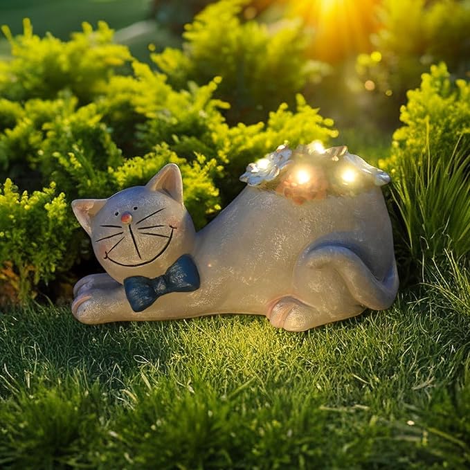 Cat Garden Figurines Outdoor Decor Solar Statue with LED Lights for Patio Lawn Yard Art Decoration Housewarming Garden Gift-VerdiqueGarden