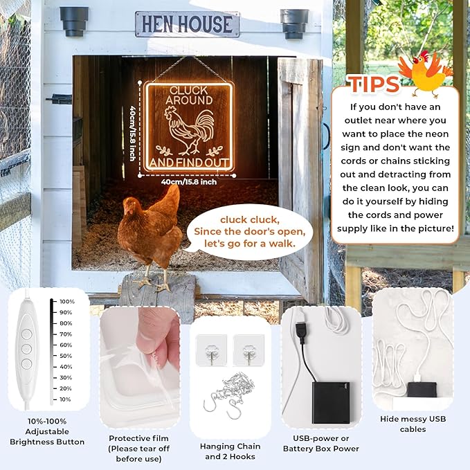 Funny Cluck Around and Find Out Large Neon Sign Dimmable, Rooster Decor 16 X 16 Inch Kitchen Decor for Farmhouse, Chicken Coop, Garden, Farm House Decoration, Rooster Gifts-VerdiqueGarden