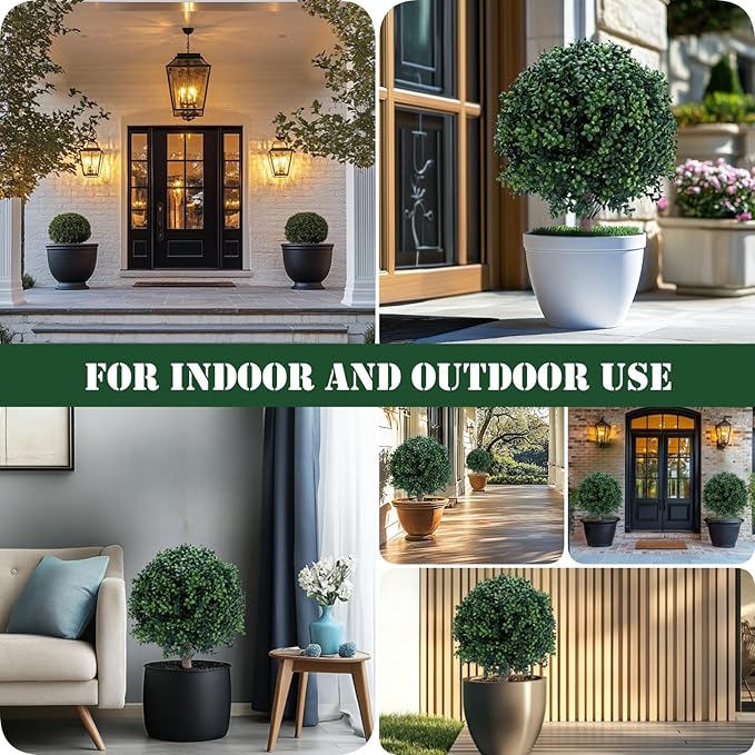 23.6 Inches Set of 2 Artificial Boxwood Topiary Ball Tree with Ground Spike, Faux Bushes UV Resistant Faux Greenery Shrubs, Fake Boxwood Plants for Indoor, Front Porch Decor, Garden, Yard-VerdiqueGarden