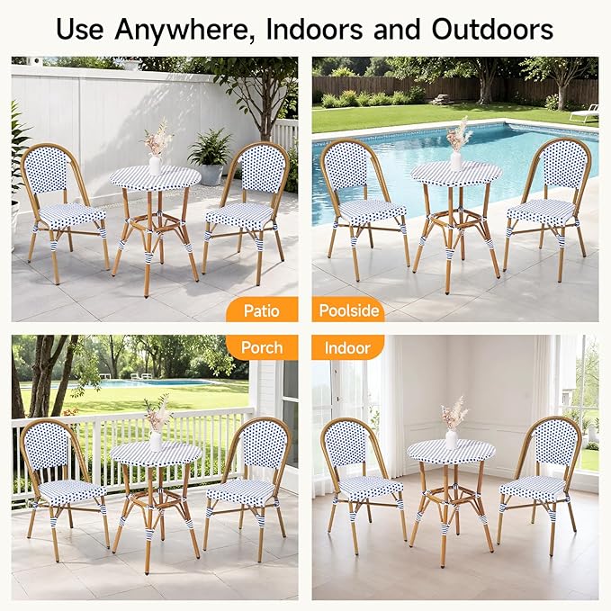 3 Piece French Wicker Bistro Set, Patio Bistro Set with Table and 2 Dining Chairs, All Weather ‎Outdoor ‎Bistro Set with Aluminum Frame, Outdoor Patio Set for Patio Porch Cafes Yard, Navy and White-VerdiqueGarden