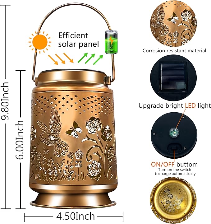 KY&BOSAM Solar Lanterns Outdoor Waterproof Rose Hummingbird Garden Decor Birthday Gift for Women Mom Grandma Hangings Solar Lights Metal Diwali Decoration Outside Lantern for Yard Patio Backyard Porch-VerdiqueGarden