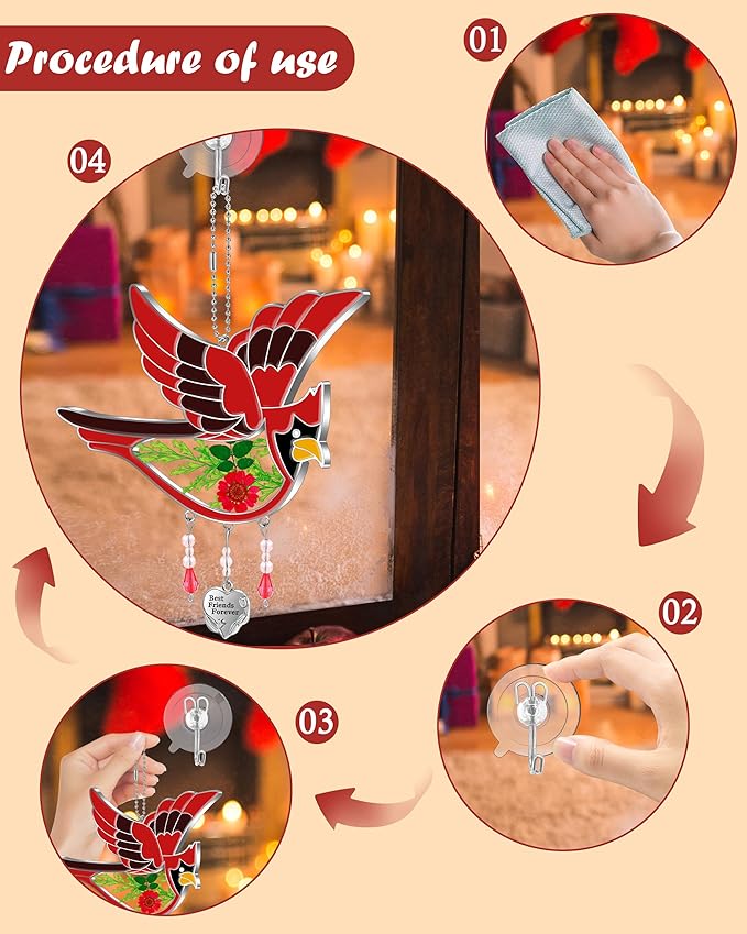 KY&BOSAM Best Friend Forever Cardinal Suncatcher Gifts for Friend Hand-Painted Garden Ornament Hanging Wind Chime with Pressed Flower Cardinal Embedded in Glass Mother`s Day Birthday Christmas-VerdiqueGarden