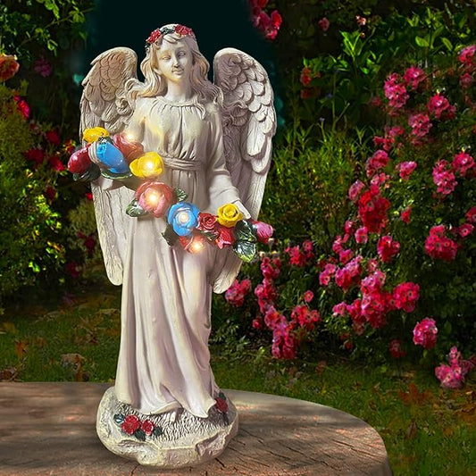 Angel Statues for Garden, Solar Angels for Outside, Angels Sculpture Holding Wreath for Outdoor Patio Lawn Balcony Ornament Gifts for Women/Mom/Grandma-VerdiqueGarden