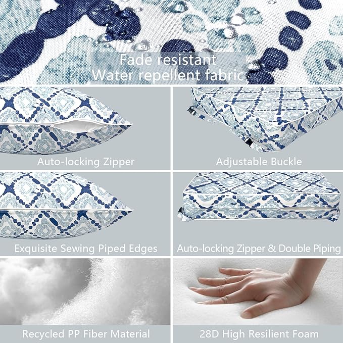 LVTXIII Outdoor Deep Seat Cushion Patio Seat and Back Cushion Set Seasonal Chair Cushion with Removable Cover and Adjustable Buckle for Home and Garden, 24"x24"x4", Boho Geometry Blue-VerdiqueGarden