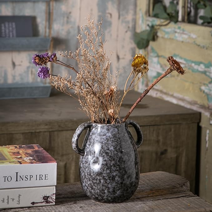 Black Ceramic Vase with 2 Handles, Modern Farmhouse Decor, Rustic Terracotta Pottery, Decorative Flower Vases, Clay Small Vase, Centerpiece for Dining Table - 7 Inch Tall-VerdiqueGarden