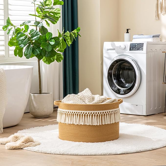 KAKAMAY Large Blanket Basket (20"x13"),Woven Baskets for storage Baby Laundry Hamper, Cotton Rope Blanket Basket for Living Room, Laundry, Nursery, Pillows, Baby Toy chest (Brown Fringe)-VerdiqueGarden