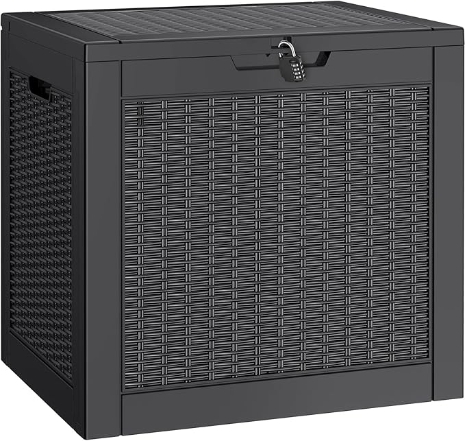 NUNU LAB 30 Gallon Waterproof Outdoor Storage Box, Lockable Resin Deck Box Bench for Patio Cushions, Garden Tools, Pool Accessories & Package Deliveries – Black-VerdiqueGarden