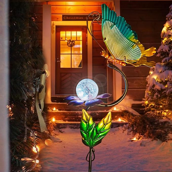 HONGLAND Solar Butterfly Garden Lights, Outdoor Lights Garden Decor for Outside, Flower Yard Decorations, Metal Yard Art for Patio Decor, Gifts for Mom-VerdiqueGarden