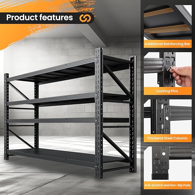 71” W Storage Shelves Heavy Duty, 5000LBS Metal Garage Shelving Units, 4 Tier Storage rack shelf, Steel Industrial Shelving , Adjustable Standing Shelf for Basement/Warehouse 71"W x 24"D x 70"H, Black-VerdiqueGarden