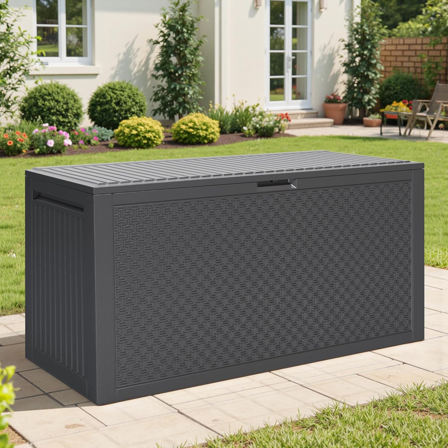 90 Gallon Outdoor Deck Box, Waterproof Outdoor Deck Box, Durable Resin Bin for Patio Cushions, Garden Tools and Pool Accessories, Lockable with UV Protection, Dark Gray, Patio Furniture (90 Gal Gray)-VerdiqueGarden