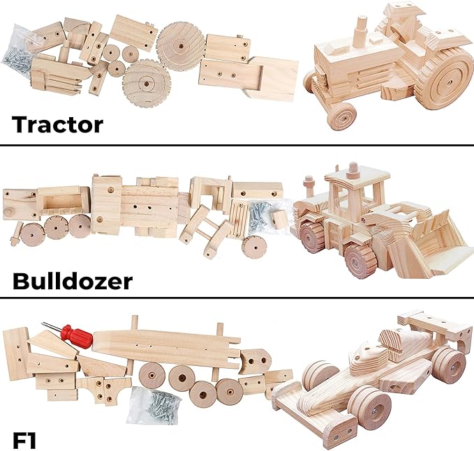 Kraftic Woodworking Building Kit for Kids, with 3 Educational DIY Carpentry Construction Wood Model Kit Toy Projects for Boys and Girls- Tractor, Bulldozer and Racing Car-VerdiqueGarden