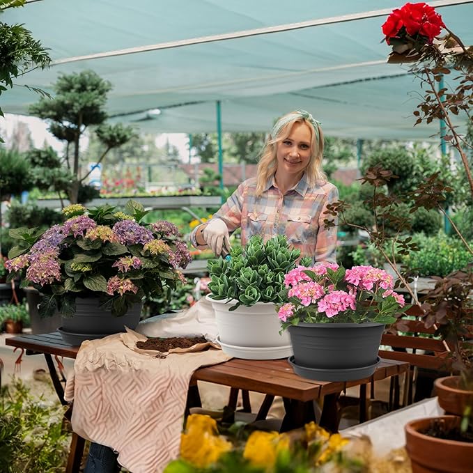 Large 4 Pack13 inch Plant Pots, Round Plastic Pots for Plants, Outdoor Planters with Drainage Hole & Tray Saucer, Decoration Large Flower Pots for Indoor Outdoor Garden Home Plants (White)-VerdiqueGarden
