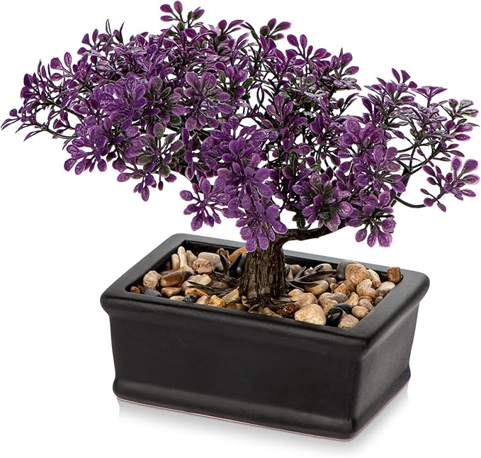 Artificial Bonsai Tree Juniper Faux Plants Indoor Fake Plants Decor with Black Ceramic Pots for Home Table Office Desk Bathroom Shelf Bedroom Living Room Farmhouse Decorations-Purple-VerdiqueGarden