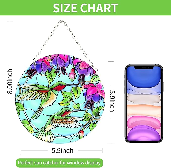 Hummingbird Suncatcher Stained Glass - Hummingbird Gifts for Women, Birds Suncatchers for Windows - Birds Window Hangings with Chain and Hook, 6 inch Stained Glass Suncatcher for Mom-VerdiqueGarden