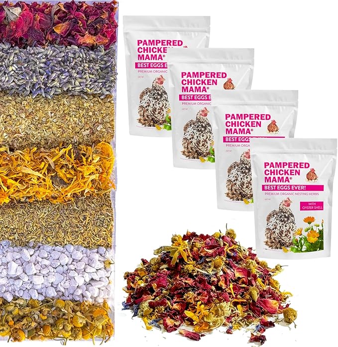 Pampered Chicken Mama Best Eggs Ever! Nesting Herbs for Chickens (4 Pounds) for Chicken Nesting Boxes Calcium Supplement for Chickens | Chicken Feed Supplies, Hen Treats for Coops (4 Bags)-VerdiqueGarden