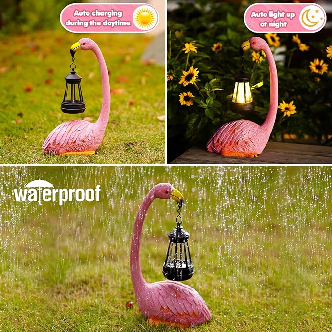 Garden Flamingo Statue with Solar Lantern - Outdoor Statue Yard Art for Patio Lawn Balcony, Unique Flamingo Gifts for Mom Women Grandma-VerdiqueGarden
