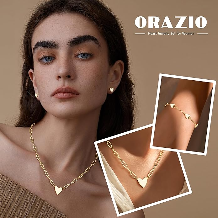 ORAZIO Jewelry Set for Women,Hypoallergenic 14K Gold Plated Pink/Black/Blue/White Heart Jewelry Set Trendy Heart Pendant Necklace Heart Charm Bracelet Cute Heart Earring Studs Dainty Women's Jewelry Sets Gift