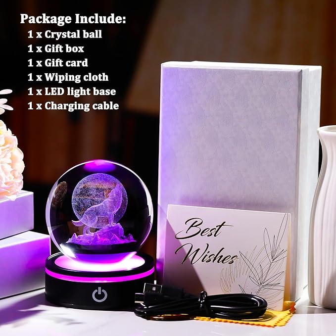 YWHL 3D Crystal Ball Moon Wolf Figurine with Colorful LED Base, Laser Wolf Gifts for Women Men Wolves Lovers on Christmas Birthday, Wolf Statue Glass Animal Decorative Ball for Home Decor (80mm)-VerdiqueGarden