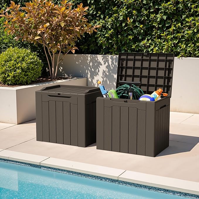 Greesum 31 Gallon Deck Box for Outside, All Weather Outdoor Storage Boxes for Patio Furniture Set, Package Delivery Box, Garden Tools, Brown(Set of 2)-VerdiqueGarden